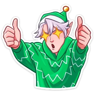 👍 07588bd9 elfe, noël, pouce levé, dessin animé, vert, yeux étoilés telegram sticker