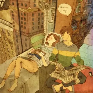 💤 4201ce72 Wake up... casal, lendo, cidade, relaxante, ilustração, aconchegante, arte telegram sticker