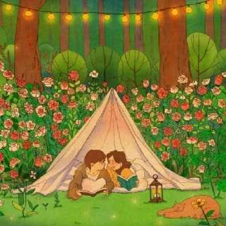 🏕 43fcc286 casal, barraca, floresta, lendo, rosas, cachorro, lanterna, romântico telegram sticker
