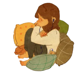 😞 5ad4faad conforto, fones de ouvido, pessoa, travesseiros, ilustração, menina telegram sticker