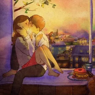 💋 5d0cb93c beijo, amor, casal, romance, janela, rosquinhas, arte telegram sticker