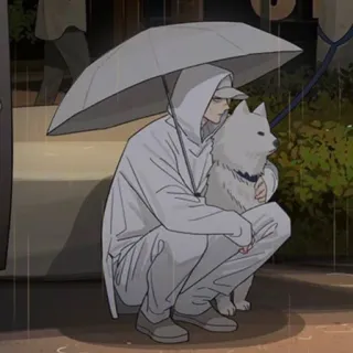 🍑 0b8dd8b6 남자, 개, 우산, 비, 회색, 후드티 telegram sticker