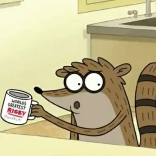 👾 0795d861 Rigby Regular Show WORLD'S GREATEST RIGBY
Dude!!!! cartone animato, Rigby, Regular Show, tazza, procione telegram sticker