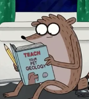 👾 556508a5 Rigby Regular Show TEACH
YOUR
PET
GEOLOGY regular show, rigby, procione, cartoni animati, libro, geologia, insegnare, animale domestico telegram sticker