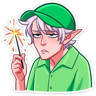 ⏺ 59ff008d elf, iskierka, kreskówka, postać, zielony, znudzony, kapelusz, anime telegram sticker