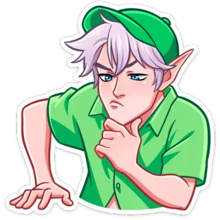 ⏺ 5ddb0fc6 elf, myślący, rozmyślający, zielony, kreskówka, postać, fantasy telegram sticker