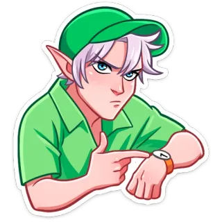 ⏺ 7e062388 Elf elf, postać, kreskówka, wskazywanie, czas, zegarek telegram sticker