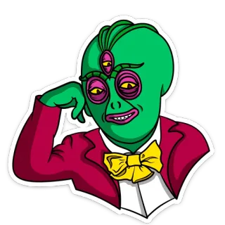 😏 faa9dc59 alien, cartoon, green, three eyes, bow tie, red suit telegram sticker