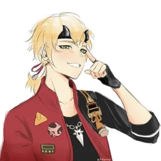 🍁 d922f9a7 Thoma Genshin Impact anime, character, blond hair, red jacket, thoma, genshin impact, horns whatsapp sticker