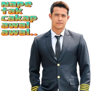😣 041dfd27 Nape tak cakap awal awal... hombre, piloto, uniforme, traje, texto, malayo, asiático whatsapp sticker