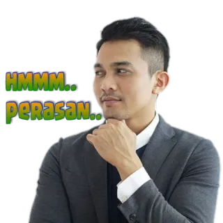 🤔 46cf9e97 HMMM.. PERASAN.. hombre, pensando, traje, hmm, creído, malayo whatsapp sticker