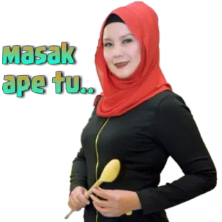 🍽 aadf9a9b masak ape tu.. cocina, mujer, hiyab rojo, cuchara, malayo, receta, comida whatsapp sticker