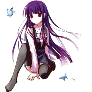 😒 2aae9531 animé, fille, cheveux violets, cheveux longs, assise, papillon, illustration, manga whatsapp sticker
