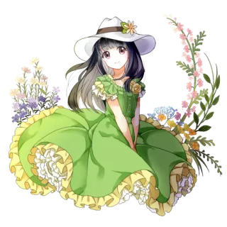 🙂 96112b80 animé, fille, robe, fleurs, chapeau, portrait, mignon, illustration whatsapp sticker