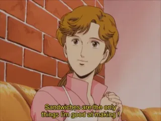 👰 6706226b Sandwiches are the only things I'm good at making! sanduíche, cozinha, anime, comida, citação telegram sticker