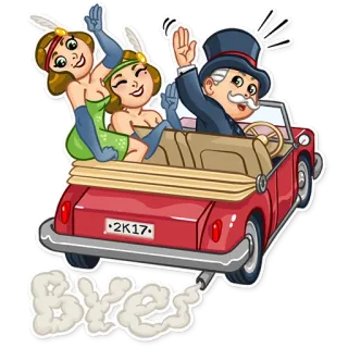 🙋‍♂️ a19dff2e Bye mobil, flapper, topi tinggi, melambai, 1920-an, vintage telegram sticker