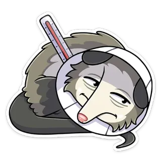 🤒 50553c53 malade, animal, dessin animé, opossum, thermomètre, mal, cône telegram sticker