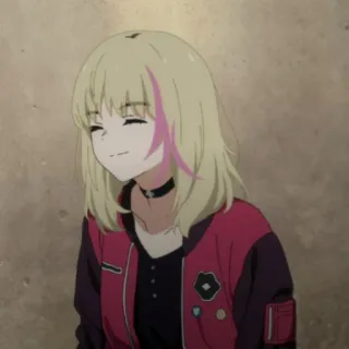 🍉 511db29d anime girl, blonde hair, pink highlight, smiling, choker, jacket telegram sticker