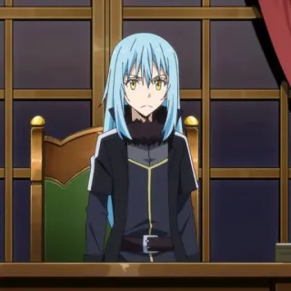 😠 4d1b54e1 Rimuru Tempest That Time I Got Reincarnated as a Slime Anime, Isekai, Rambut biru, Duduk, Karakter telegram sticker