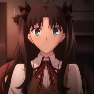 😳 31d6ccc8 Rin Tohsaka Fate/stay night anime, desenho animado, menina, cabelo comprido, laço vermelho telegram sticker