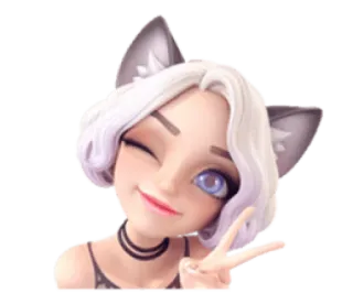 ✌️ 75cedf1c meisje, knipoog, vredesteken, kattenoren, cartoon, schattig telegram sticker