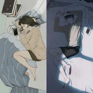 😴 bd7a017d dormire, letto, coppia, cuffie, telefono, arte, illustrazione, accogliente whatsapp sticker