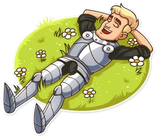 😴 360eb189 ksatria, zirah, relaksasi, rumput, bunga, damai, kartun, abad pertengahan telegram sticker