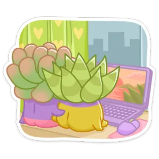 🤗 a02f8ef6 plante, succulente, ordinateur portable, bureau, dessin animé, fenêtre, intérieur, maison telegram sticker