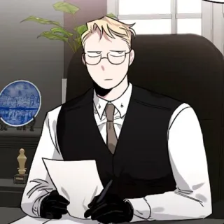 🍾 f03ed016 oficina, hombre, traje, gafas, rubio, sentado whatsapp sticker