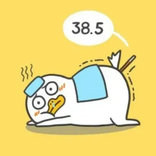 💨 4ad6fbce 38.5 krank, fieber, cartoon, ente, temperatur, krankheit, thermometer, hitze telegram sticker