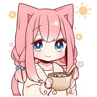 ☀ da583375 Chibi, Kawaii, Lucu, Anime, Gadis kucing, Sarapan, Sereal, Merah muda, Bunga whatsapp sticker