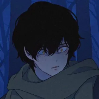 🛐 82569ef3 アニメ, キャラクター, カートゥーン, 黒髪, フード, 森, 不気味 telegram sticker