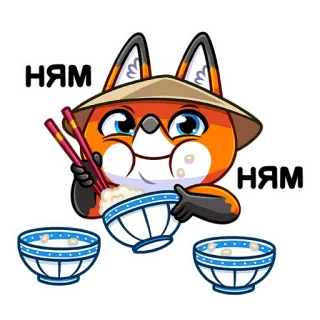 🍔 3b35e30b Ням лиса, ест, рис, милый, миска, палочки, азиатский telegram sticker