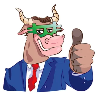 👍 d531741d Toro, Mascota, Pulgar arriba, Positivo, Animal, Traje, Dibujos animados, Negocios, Inversión telegram sticker