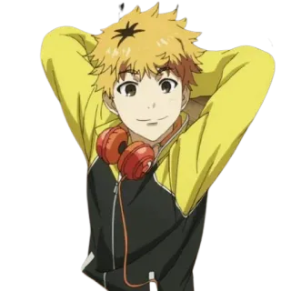 👍 c9be6212 애니메이션, 캐릭터, 헤드폰, 미소, 노란색, 인물사진 telegram sticker