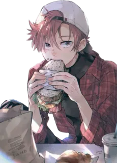 🖤 ea9984a5 애니메이션, 먹는, 샌드위치, 빨간 머리, 소년, 캐주얼, 음식, 점심 telegram sticker