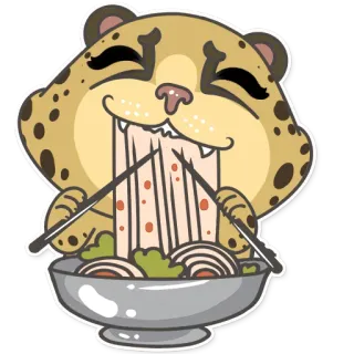 🐆 e5d4c4b0 leopardo, mangiare, noodles, ciotola, carino, cibo telegram sticker