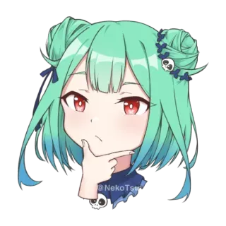 🤔 040a5027 @NekoTsu anime, cute, green hair, thinking, red eyes, fan art telegram sticker