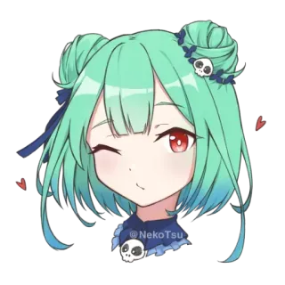 😘 5b07e6c2 @NekoTsu anime, cute, cartoon, green hair, skull telegram sticker