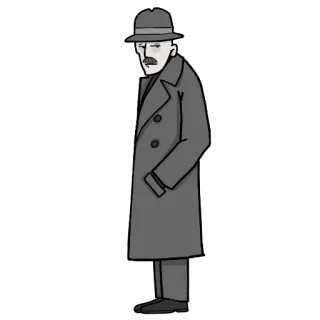 🧍‍♂ 679b19a0 homme, manteau, chapeau, détective, dessin animé, illustration, niveaux de gris telegram sticker