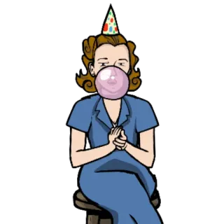 🤗 9c717bf7 fête, chewing-gum, femme, dessin animé, chapeau de fête, assis telegram sticker