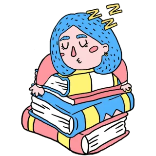 😴 eb3849b1 dormir, livres, fatigué, dessin animé, fille, cheveux bleus, sieste, étudiant telegram sticker