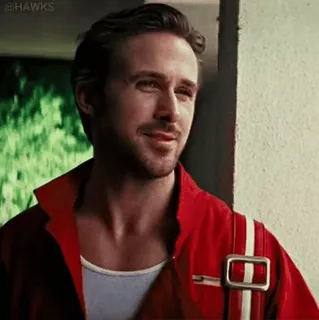 😎 60a296b4 Ryan Gosling actor, sonrisa, chaqueta roja, película, celebridad telegram sticker
