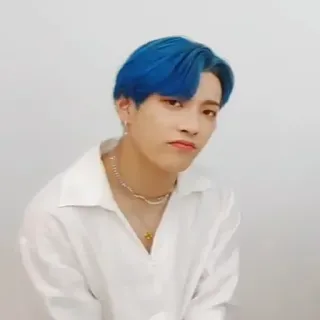 ⛈ e14acae9 potret, pria, rambut biru, K-pop, kemeja putih, kalung telegram sticker