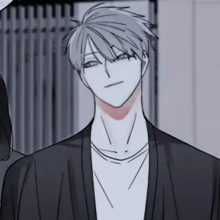 🩸 5592e833 homem, anime, desenho animado, personagem, cabelo grisalho, sorriso irônico, arte whatsapp sticker