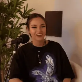 🔹 1fe4ab56 woman, person, portrait, microphone, indoors, casual, t-shirt telegram sticker