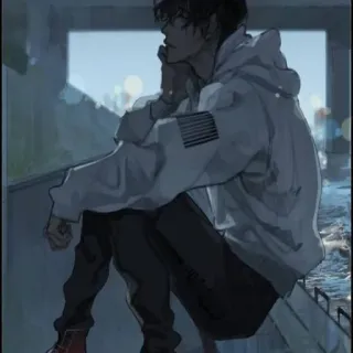 💔 6bc9f2f9 애니메이션, 소년, 후드티, 앉아있는, 슬픈, emo telegram sticker