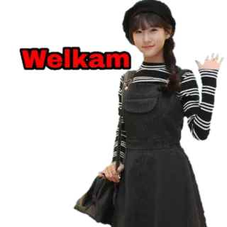 🙌 46acd203 Welkam saludo, bienvenida, mujer, boina, chica whatsapp sticker