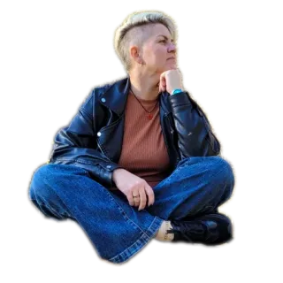 🪑 75ea5810 여자, 앉아있는, 청바지, 가죽 재킷, 사람, 인물 사진 telegram sticker