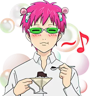 😌 ddfde857 Saiki Kusuo The Disastrous Life of Saiki K. Anime, Psi, Dessert, Pinke Haare, Grüne Brille, Komödie telegram sticker